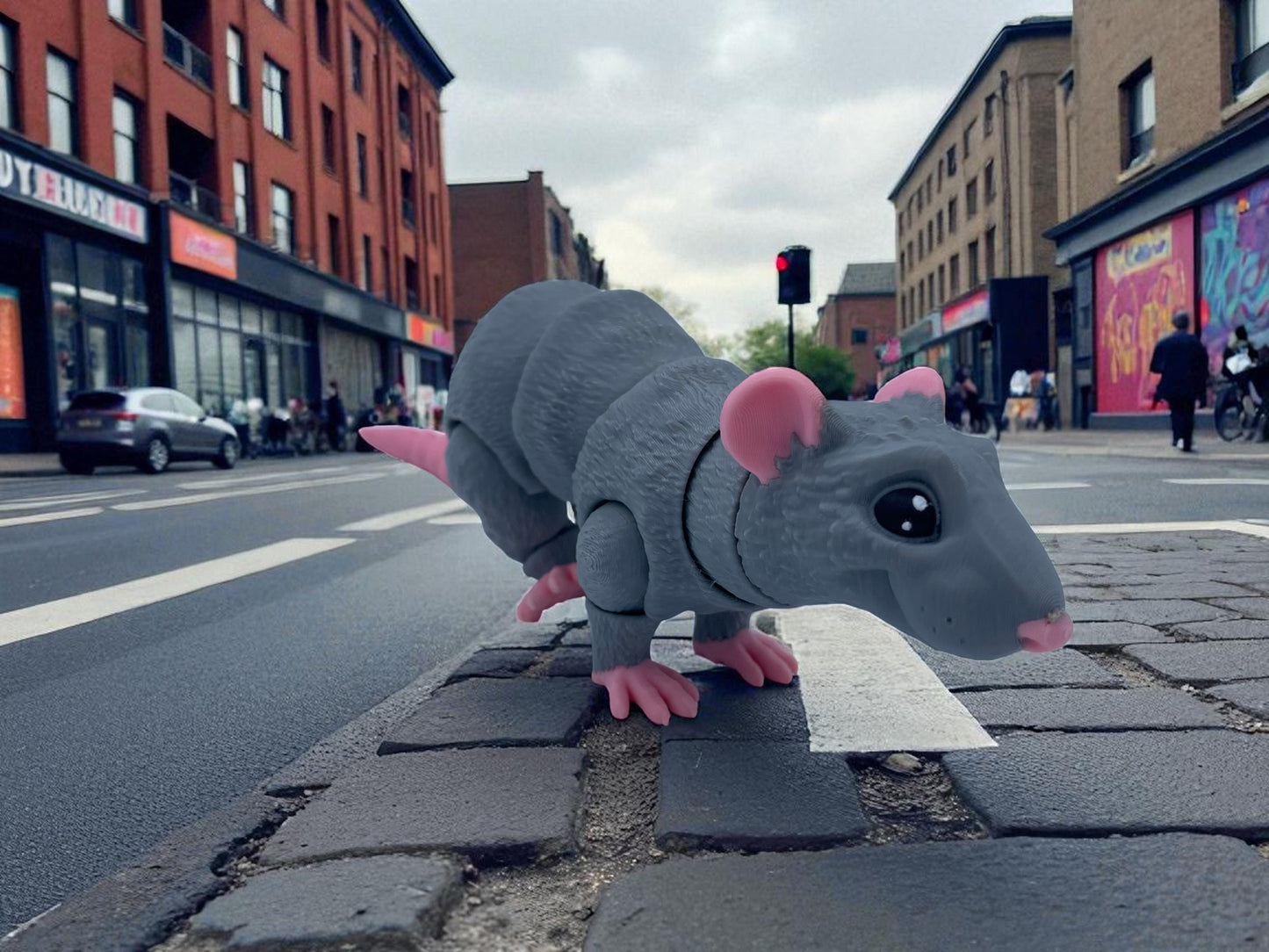 Toy rat on a city street with buildings and people in the background