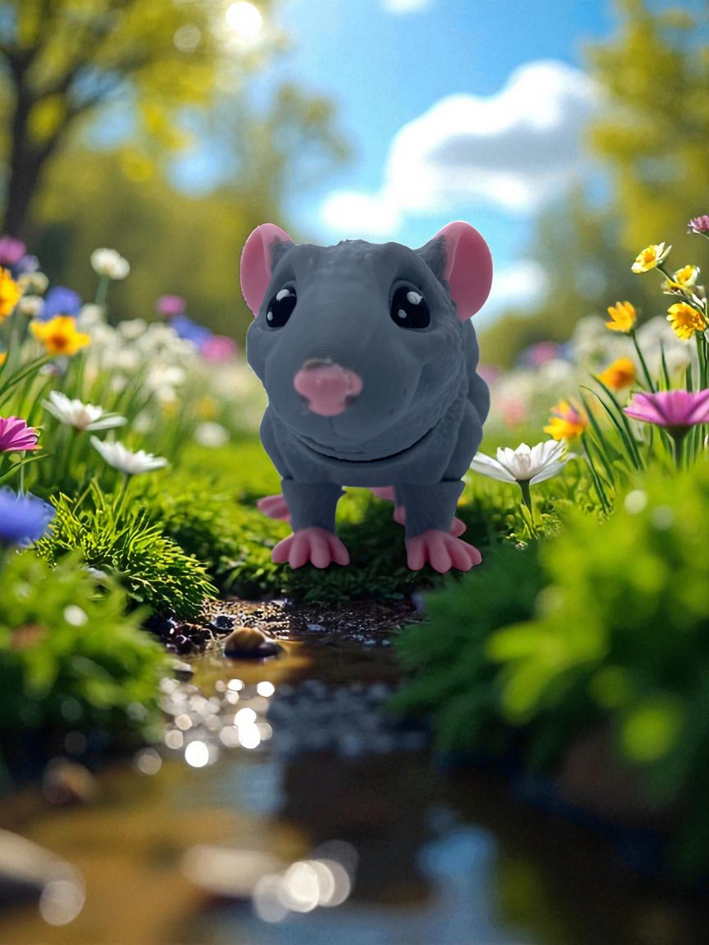 Toy mouse figurine in a garden with flowers and water