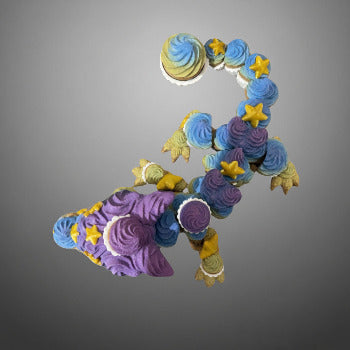 1 Layer At A time Birthday Cupcake Dragon with clicker tail, purple, blue, yellow, and green frosting details, articulated body, 11.5 inches.