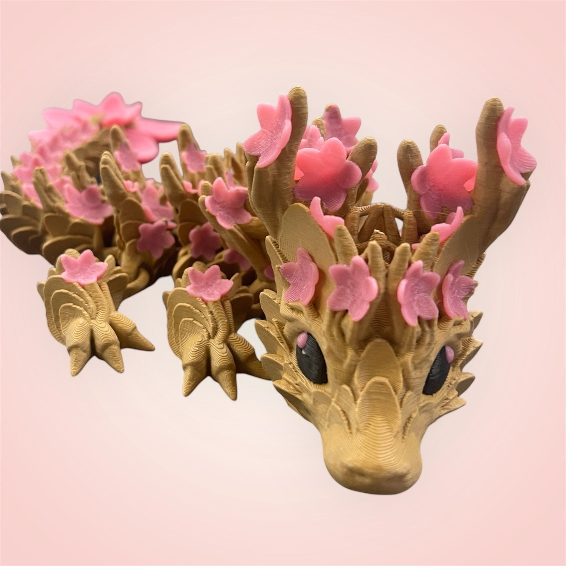 1 Layer At A time Baby Cherry Blossom Dragon figurine with pink sakura flowers and gold pearlescent scales.