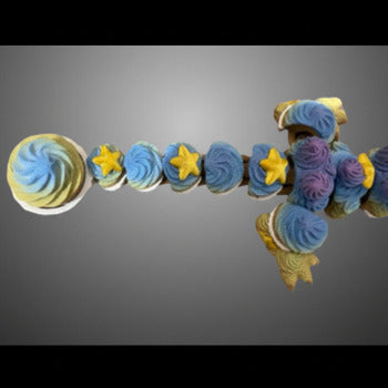 1 Layer At A time blue and yellow cupcake dragon with yellow stars and articulated body, 11.5 inches