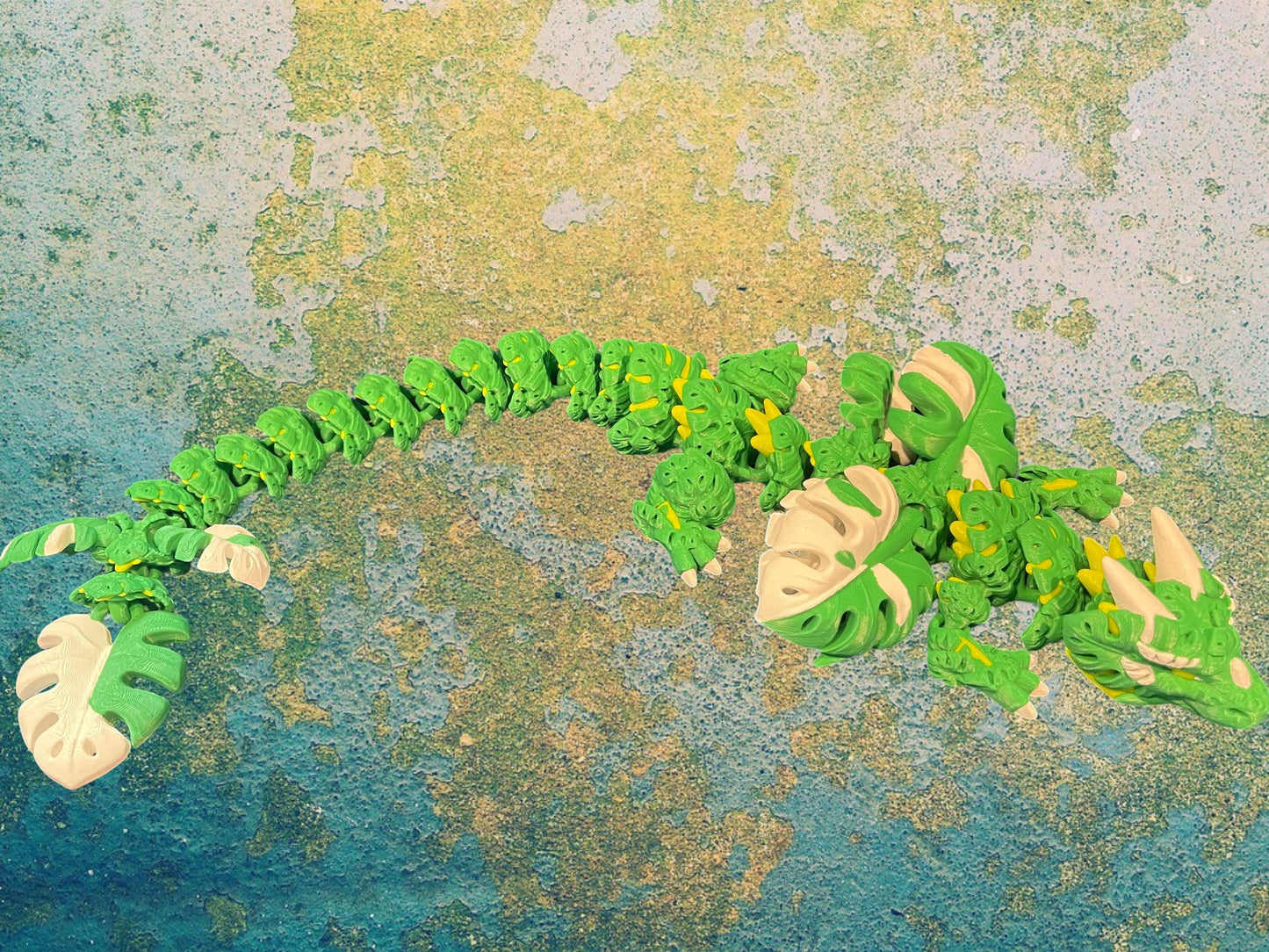 1 Layer At A time Monstera Dragon, articulated 19-inch fantasy dragon with leaf details, green and cream PLA