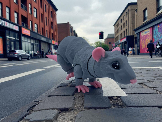 Toy rat on a city street with buildings and people in the background